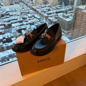Mango Glossy Black Loafers with Gold Accent